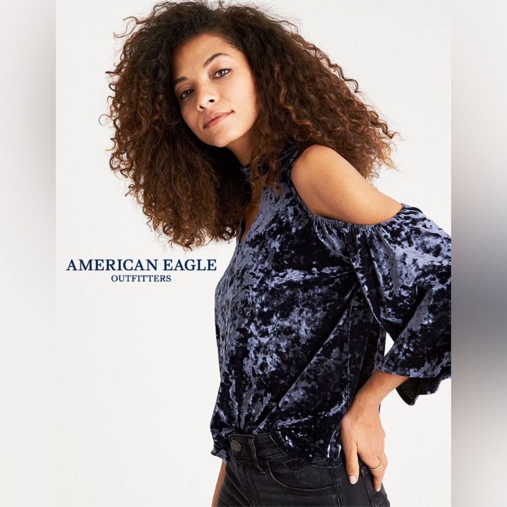 American Eagle Medium Crushed Blue Velvet Off the Shoulder Top
